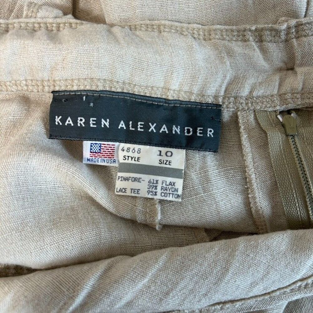 VTG Karen Alexander Pinafore Overall Maxi Dress 10 Linen Flax Blend Tan Mori Kei - Picture 11 of 11